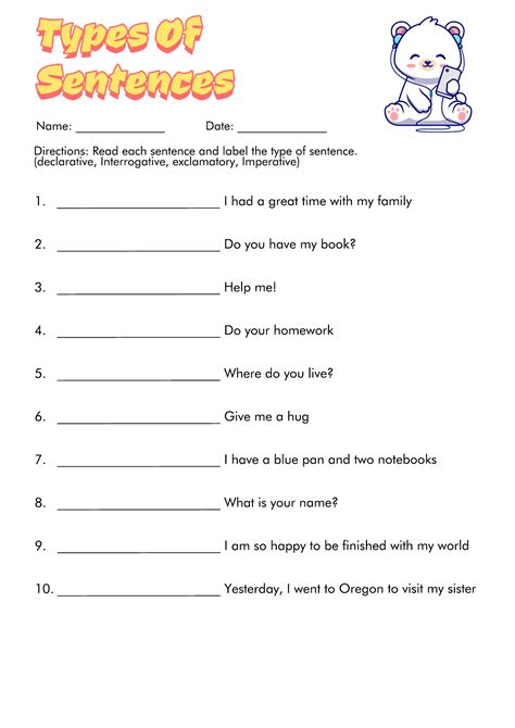 types of sentences worksheet for class 7